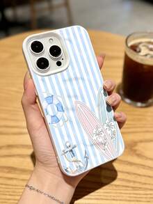 1pc Fresh Blue & White Striped Surfboard Phone Case, Wavy Wrinkle Design, Suitable For IPhone 17 Pro Max/17 Pro/16 Pro Max/16 Pro/16/15 Pro Max/15 Pro/15/14 Pro Max/14/13 Pro Max/13 Pro/13/12 Pro Max/12 Pro/12/11, Dustproof Waterproof Shockproof Soft Case - White - View 2