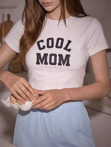 1 chiếc áo thun ngắn tay màu trắng in chữ "COOL MOM" phong cách Mỹ mùa hè 2026, đồ ngủ nữ, đồ mặc nhà, đồ khoác ngoài đa năng dành cho các bà mẹ. - trắng - Xem 3