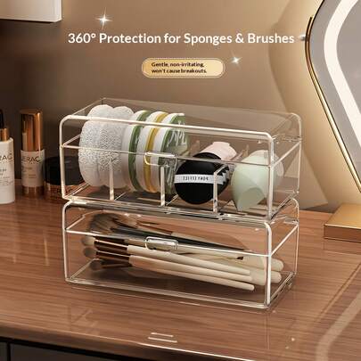 1 Hộp đựng mỹ phẩm bằng acrylic trong suốt có ngăn đựng cọ - Chống bụi, nhẹ, không cần nguồn điện, dung tích dưới 3,2 feet khối, thích hợp đựng son môi, phấn mắt, cọ trang điểm, bông mút - Các ngăn trong suốt để đựng cọ trang điểm, bông phấn và trang sức.