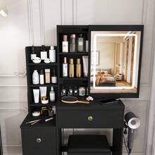 Black LED Vanity Desk With Storage Drawers, Makeup Table With Hair Dryer Holder Power Socket & Dressing Chair For Bedroom - Black - View 7