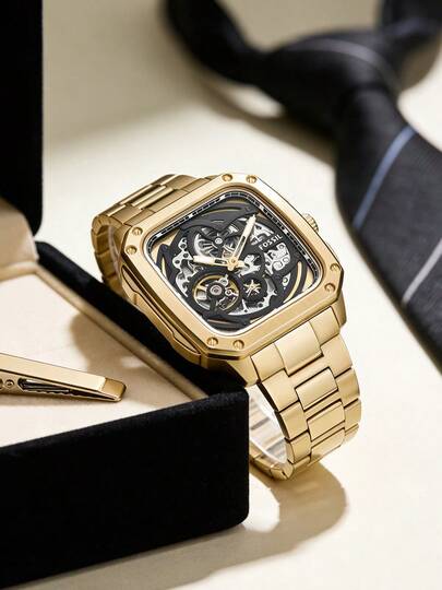 Fossil Đồng hồ nam dây thép vàng, mặt số vàng tự động, thiết kế rỗng, hình vuông nhỏ, thời trang, thích hợp đeo hàng ngày, làm quà tặng cho bạn trai và bạn bè. BQ2573