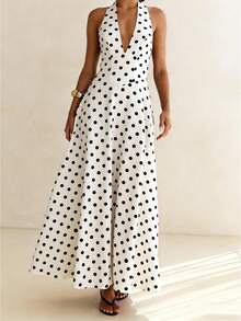 Women Dress Vintage Retro 90s Maxi Long Halter Deep V Neck Backless Crisscross Lace Up Corset Polka Dot Spring Summer Vacation Party Daily Going Out - 白色 - 查看 1