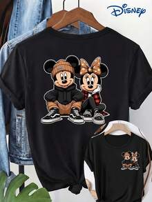 Women's Short Sleeved T-Shirt, Double-Sided Printing On The Front And Back, Disneyland, Mickey Mouse And Minnie Mouse Cartoon Image Printed Short Sleeved Round Neck T-Shirt, Casual And Fashionable Short Sleeved T-Shirt, Slightly Elastic, Non Transparent, Easy To Care For Material, Ideal For Daily Wear, Women's T-Shirt, Disney Shirt, Disney Shirts, Summer Outfits For Women, Spring Outfits For Women, Officially Licensed Disney T-Shirts, Disney Men's And Women's Spring/Summer Fashion Casual Short-Sleeve T-Shirts - Black - View 1