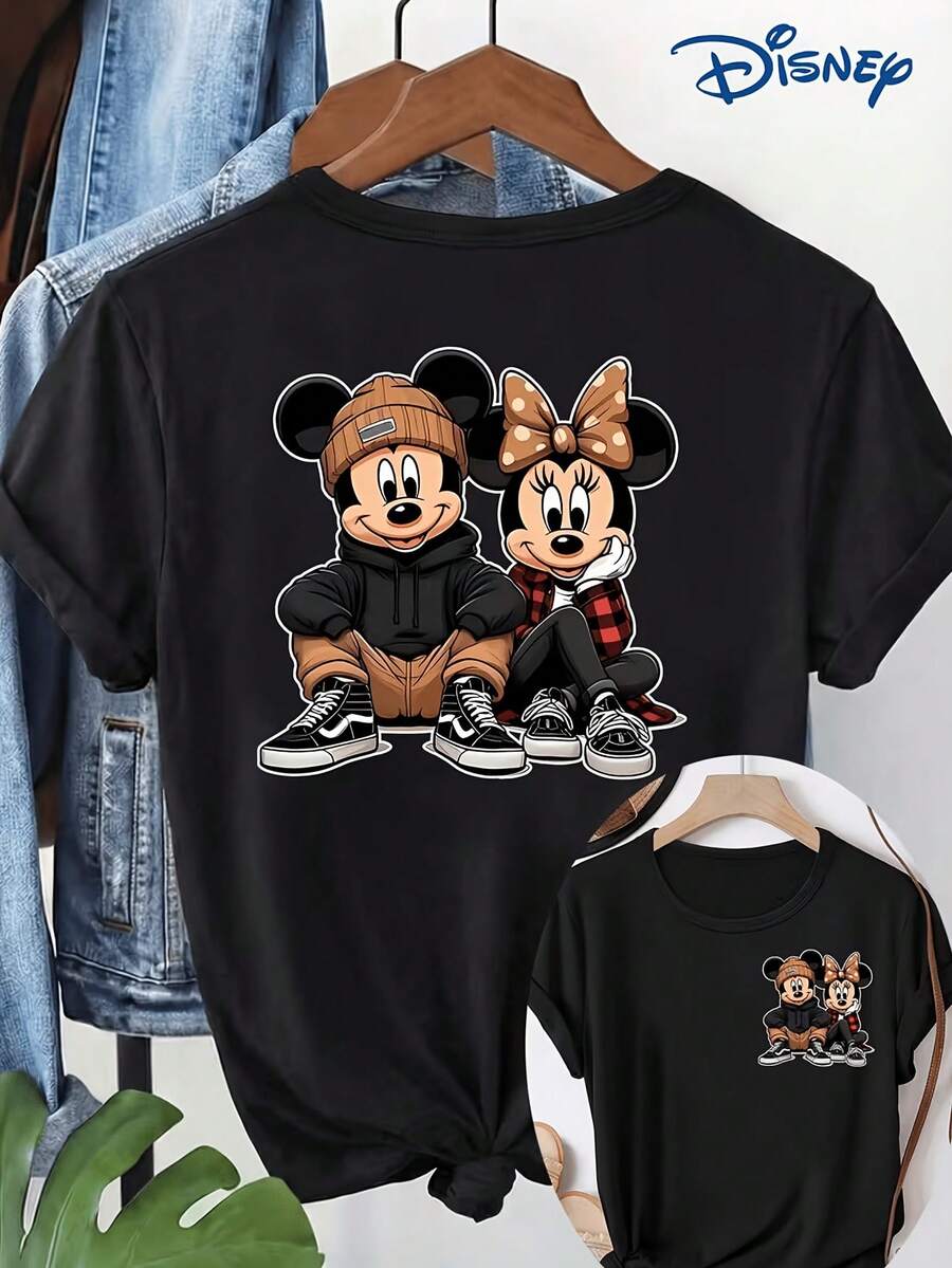Women's Short Sleeved T-Shirt, Double-Sided Printing On The Front And Back, Disneyland, Mickey Mouse And Minnie Mouse Cartoon Image Printed Short Sleeved Round Neck T-Shirt, Casual And Fashionable Short Sleeved T-Shirt, Slightly Elastic, Non Transparent, Easy To Care For Material, Ideal For Daily Wear, Women's T-Shirt, Disney Shirt, Disney Shirts, Summer Outfits For Women, Spring Outfits For Women, Officially Licensed Disney T-Shirts, Disney Men's And Women's Spring/Summer Fashion Casual Short-Sleeve T-Shirts - Black - View 1