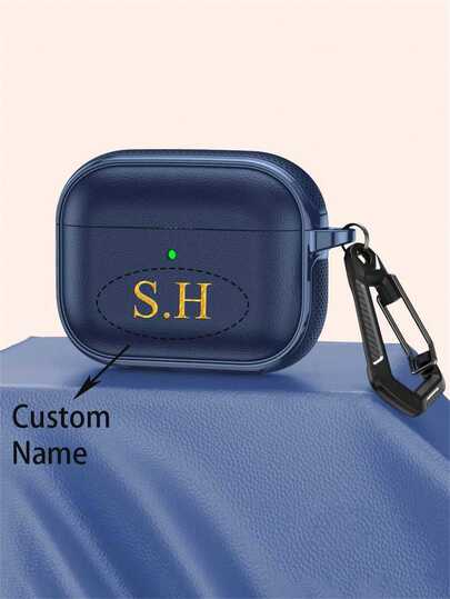 [Personalizado] Estuche personalizado para auriculares con patrón de cuero de unicolor avanzado, nombre personalizado en dorado, compatible con 4 Pro 2 Pro 3, funda protectora de piel sintética