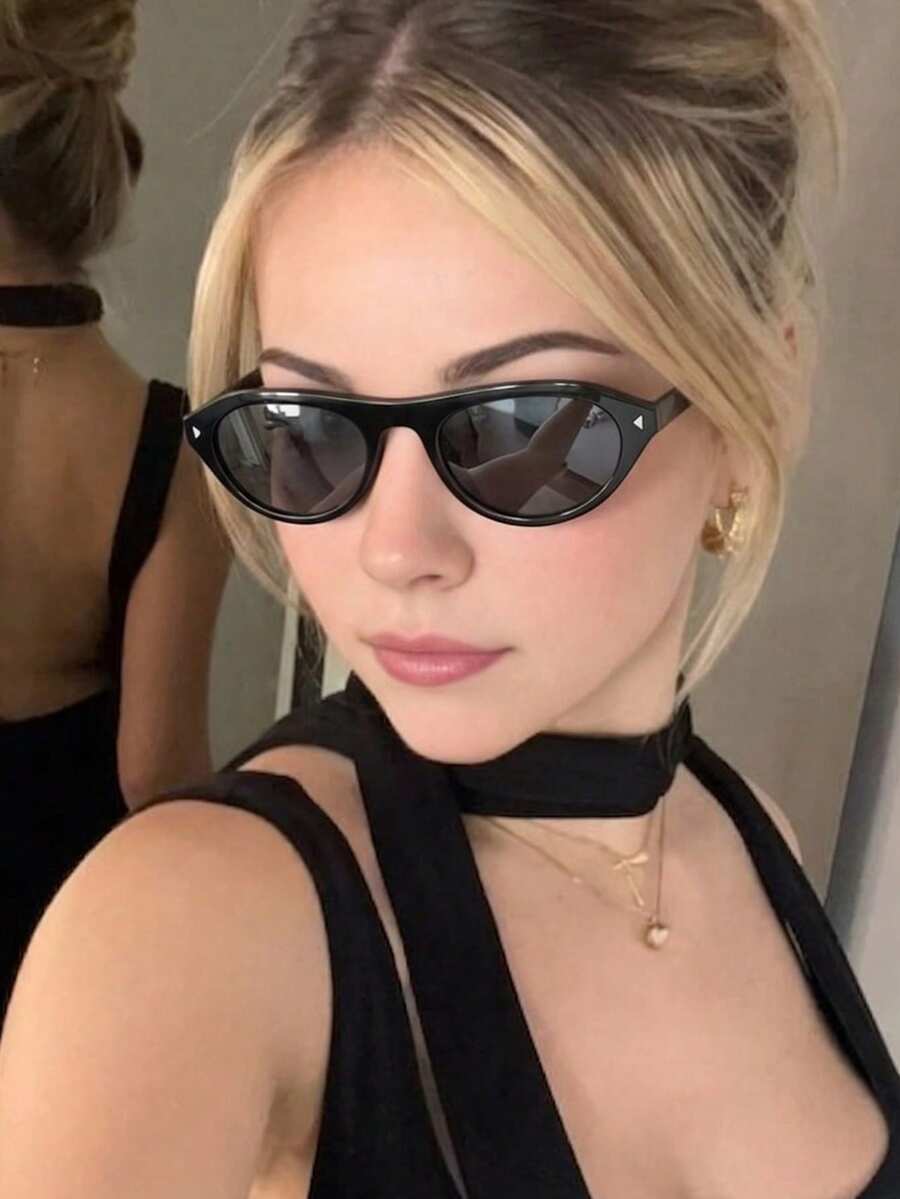 1 par de gafas de moda de mujer con montura ovalada de PC con estampado de leopardo, de estilo vintage y urbano - Negro brillante/gris - Ver 1