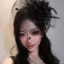 -Style French Vintage Socialite Black Floral Mesh Hat, High-End And Elegant Hair Accessory, Luxurious Banquet Headpiece - Mũ lưới màu hồng - Xem 2