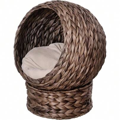 Handwoven Elevated Cat Bed With Soft Cushion & Egg Chair Shape, Basket Kitty House With Stand, Raised Wicker Cat Bed For Indoor Cats, 23.5" H, Gray