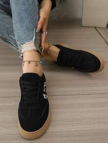 Damen Schnür-Casual Sneaker, Sportlicher Skateboard-Stil Schuhe für Wandern, Outdoor und Alltag - Schwarz - Übersicht 5
