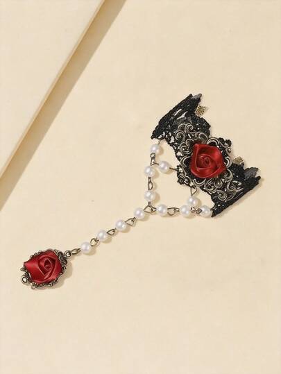 Bộ 1 vòng cổ và vòng tay nữ kiểu Gothic cổ điển đính ren, ngọc trai và tua rua hình hoa hồng.