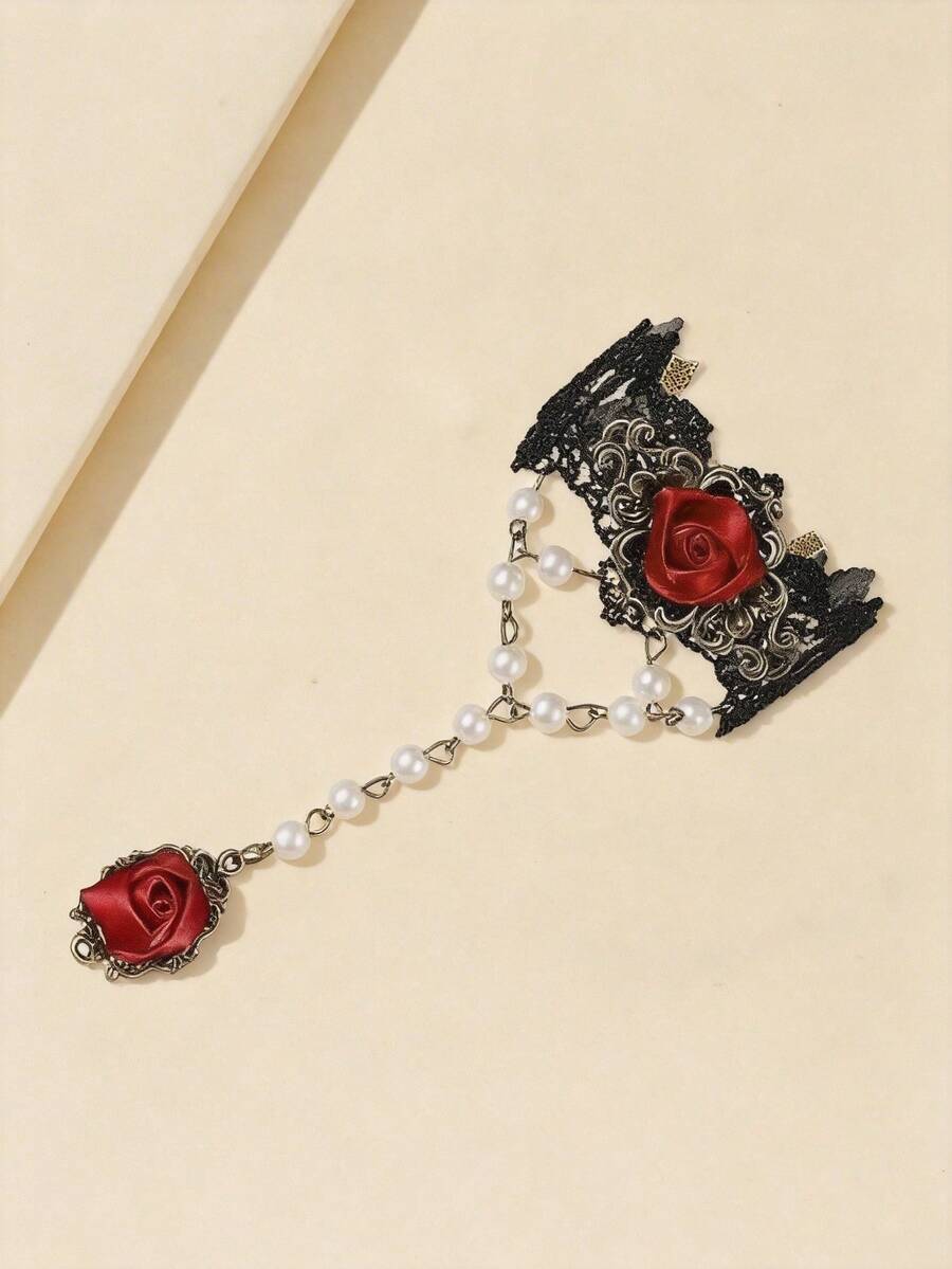 Bộ 1 vòng cổ và vòng tay nữ kiểu Gothic cổ điển đính ren, ngọc trai và tua rua hình hoa hồng. - Nhiều màu - Xem 1