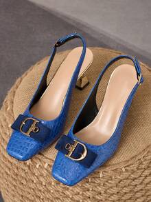 WHDXY 7cm Asymmetric Heel Open-Back High Heels For Women, Square Toe, Metal Buckle Decor, Elegant Dress Shoes Suitable For Commuting, Work, Dates And Parties - Blue - View 5