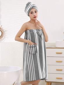 1 Bộ áo choàng tắm nữ kẻ sọc mềm mại và thấm hút tốt + mũ tắm, khăn tắm và áo choàng đa năng tiện dụng. - Xám - Xem 6