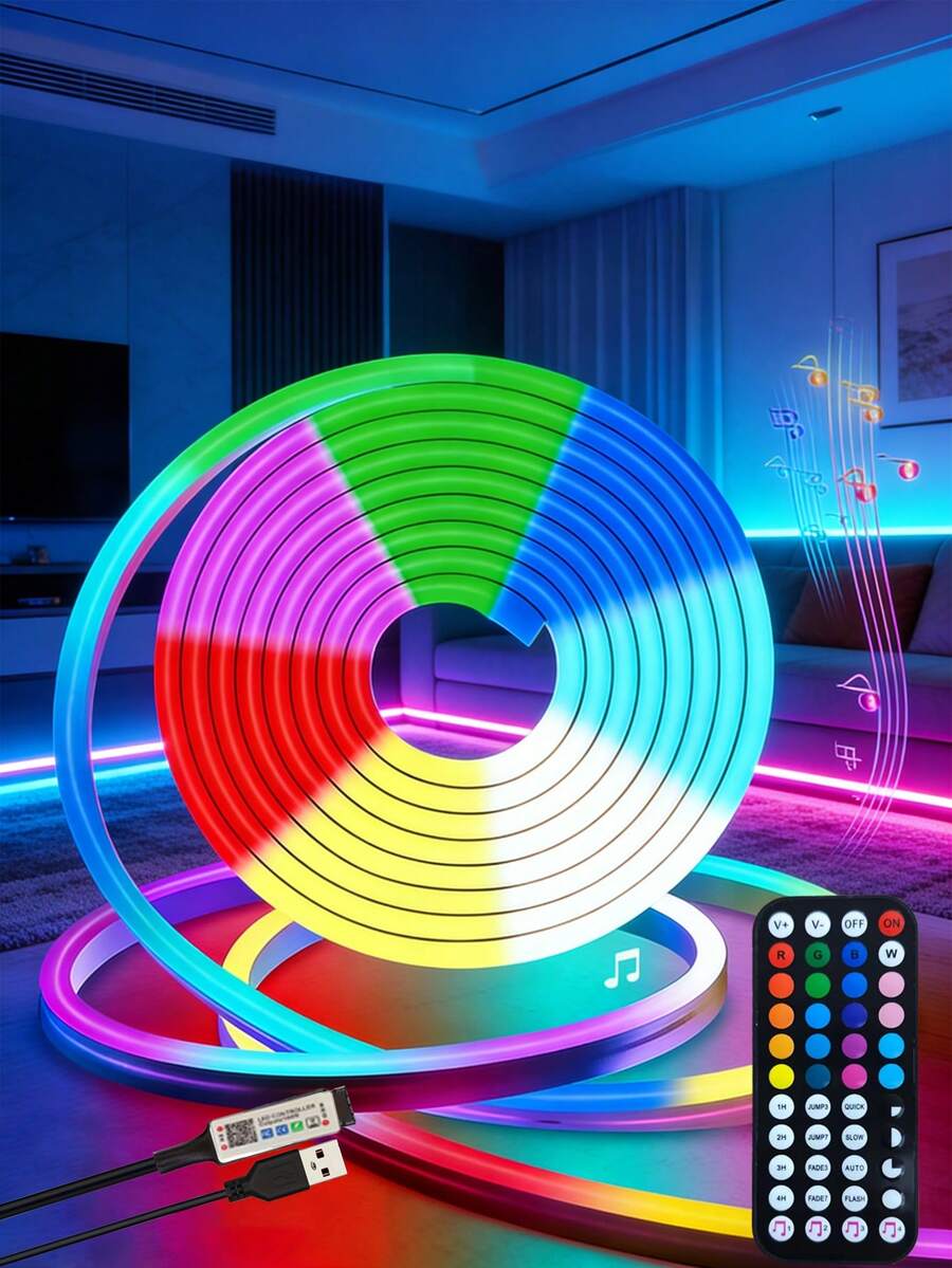 1pc Flexible RGB LED Neon Light Strip With Remote Control, Smart Lighting Modes, USB Powered, Length Options From 1m To 5m, Multi-Color Lighting For Christmas, Valentine's Day, Birthday Party Decoration, Suitable For Living Room, Bedroom And More