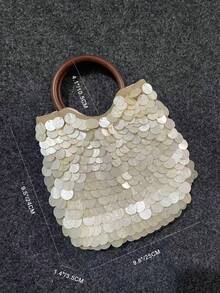 Fashionable Double-Sided Shell Decor Beaded Metal Chain Crossbody Handbag, Suitable For Beach, Vacation, Travel, Shopping - Beige - View 3