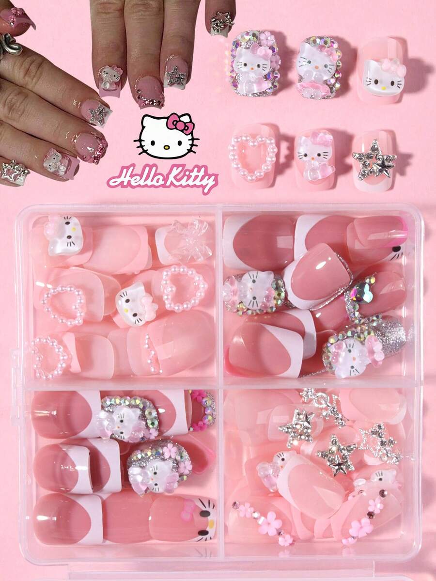Sanrio Hello Kitty 96片裝(4混色/盒)Y2K短方型法式穿戴甲,3D可愛Hello Kitty、星星、花朵、蝴蝶結、珍珠、愛心、蝴蝶與水鑽設計,全覆蓋假指甲套組,含1片果凍膠與1個指甲锉 - 彩色 - 查看 1