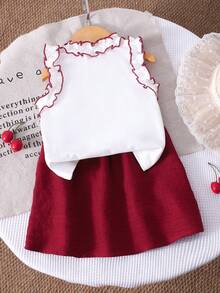 2件套 女童休闲可爱樱桃印花荷叶边吊带背心和红色蝴蝶结半裙，春夏款 - 紅色 - 查看 5