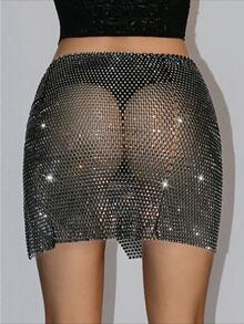 Shimmering Rhinestone Mini Skirt For Women, Dazzling Rhinestone Skirt For Women, Charming Rhinestone Chainmail Skirt For Women, Women's Skirts, Black Skirts, Women's Summer Clothing, Women's Vacation Wear, Summer Women's Fashion, Fashionable Women's Mini Skirts, Tankini Swimwear, Casual Summer Style, Fishnet And Rhinestone Mini Skirts, Suitable For Vacations, Gatherings, Parties, Daily Commuting, Graduation Ceremonies, Gifts For Girlfriends, And Mother's Day Gifts. - 黑色 - 查看 4