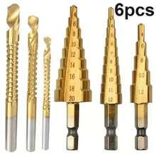 Bộ 6 mũi khoan bậc thang, mũi khoan phủ titan, kích thước 4-12mm, 4-20mm, 4-32mm, 3mm, 6mm, 8mm, dùng cho gia công gỗ và kim loại, mũi taro ren hệ mét, mũi taro ren HSS M10, dụng cụ sửa chữa cầm tay chuôi lục giác, thích hợp cho công việc thủ công, nhà máy, xưởng, DIY - Bộ 6 món (túi OPP) - Xem 9