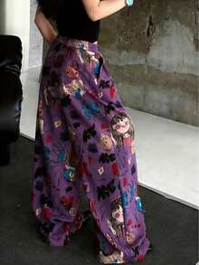 女士卡通印花阔腿裤，宽松休闲裤，春季款 - 紫色 - 查看 4