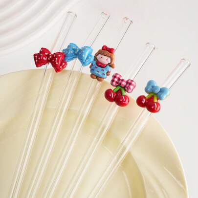 1 קשיות זכוכית שקופות לשימוש חוזר | קישוט דובדבן וקישוט ילדות חמוד | רעיון למתנה ליום האם ולקמפוס | ציוד חיוני למטבח ולבית, מברשת ניקוי