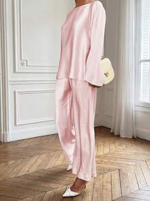 2pcs/Set Elegant Commuting & Casual Vintage Coin Pattern Silk-Like Satin Texture Women Outfit Pink Spring - Pink - View 1