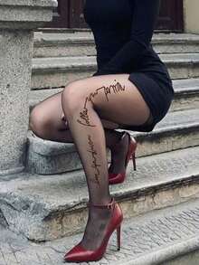 1 Pair Women's Classic Letter Print Tights, Versatile For Commuting/Dating, Retro & Unique Design - Multicolor - View 3