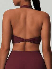 Women's Halter Neck Twist Backless Fitness Yoga Sports Bra With Chest Pad Athletic Training Gym Workout Activewear - Burgundy - View 5