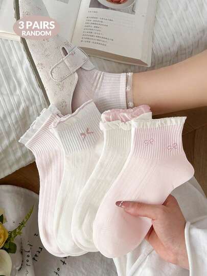 3 Pairs Women Cute Sweet Breathable Bow Pattern Short Invisible Socks, With Lace Ruffle Edge Ankle Socks, White Socks, Pink Socks, Student Socks, Suitable For Daily Casual Wear, Suitable For Spring, Summer, Autumn And Winter