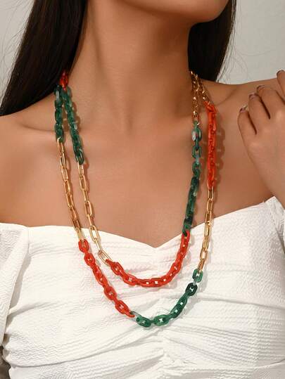 1 Set Sexy Fashionable European American Middle Eastern Bohemian DIY Green Chain Buckle Orange-Red Plastic Chain Buckle Gold Chain Buckle Layered Double Strand Women's Jewelry Necklace, Can Be Purchased Individually Or As A Set, Simple High-End Luxury Suitable For Any Outfit, Suitable For Women's Daily Wear All Year Round, Valentine's Day Thanksgiving Best Friend Holiday Gift
