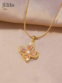 Hihho 1pc Elegant Cubic Zirconia Flower Pendant Necklace, Suitable For Students And Office Ladies, Gift For Girlfriend And Best Friend - Yellow Gold - View 5