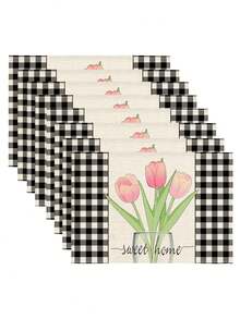 1/2/4/6/8pcs Digital Printed Placemats, Plaid & Floral Pattern Printed Placemats For Daily Use, Festivals, Parties, Birthdays, Weddings, Dinners, Kitchen & Dining Room Decor - Multicolor - View 7