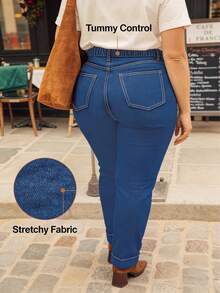 Plus Size Women High Waist Elastic Waist Loose Fit Flare Leg Jeans, Comfortable Casual Daily Wear Spring - Blue - View 5