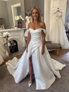 Elegant Sexy Off Shoulder Pleat A Line Satin Wedding Dress,Registry Office Dresses Bridal Gown,Evening Party Dress Birthday Party Dress Country Wedding,Romantic Church Ceremony Wedding Dress,Suitable For Wedding,Dating,Party,Singles' Party,Vacation,Formal Occasions,Dinner Dress,Prom Dress,Homecoming Dess,Cocktail Party,Wedding Guest Dress,Graduation - trắng - Xem 4