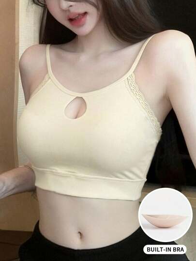 Sexy Hollow Camisole Bra For Women & Teens, 2026 Solid Color Lace Trim Sleeveless Fitted Cropped Top, Spring/Summer Vacation Beach Festival Street Style Layered Blouse For Women