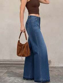 Quần jean ống rộng co giãn chất lượng cao, kiểu dáng tối giản, dành cho nữ, dài đến mắt cá chân. - Rửa tối - Xem 2