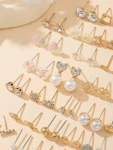 1 Set Of 60pcs Fashion Metal Butterfly Heart Rhinestone Moon Bow Flower Stud Earrings Set Holiday Gift Jewelry Women Can Wear Daily Multi-Piece Set - Yellow Gold - View 3