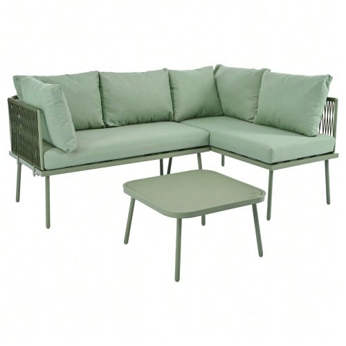 Iron Garden Lounge Set, Green Rope Garden Furniture Set, L-Shaped Garden Furniture Set, Green Rope Lounge Set With Seat Cushions, Adjustable Legs, 2 Sofas And 1 Table - Green - View 8