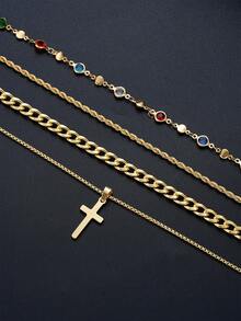 4 piezas Collar en forma de Y con colgante de cruz de cristal colorido y minimalista de acero inoxidable, estilo bohemio de moda, multicapa, casual, para playa, vacaciones, citas, uso diario, regalo versátil para novio, amigo, padre - Amarillo Oro - Ver 5