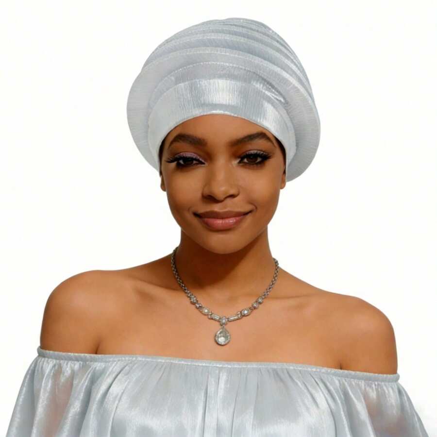 Shimmer African Head Wraps Solid Color Multi-Layer Church Turban For Women Stretch Hat - White - View 1