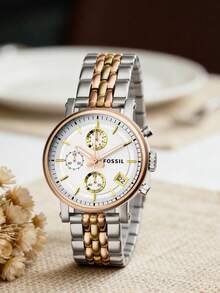 Fossil ES3840 女士时尚腕表 - 不锈钢表壳和表带，矿物玻璃，50米防水，银色表盘 - 独家发售 - 玫瑰金 - 查看 1