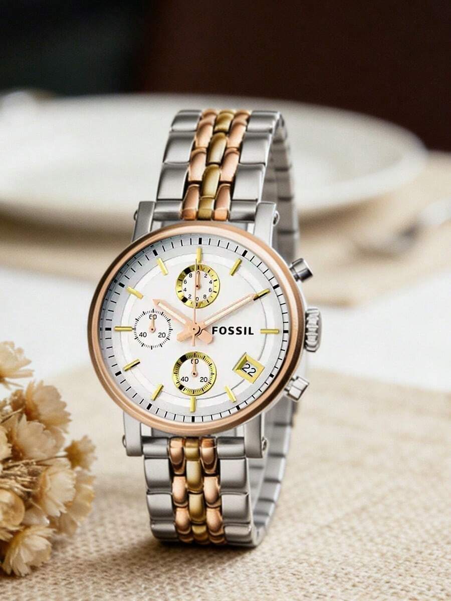 Fossil ES3840 女士时尚腕表 - 不锈钢表壳和表带，矿物玻璃，50米防水，银色表盘 - 独家发售 - 玫瑰金 - 查看 1