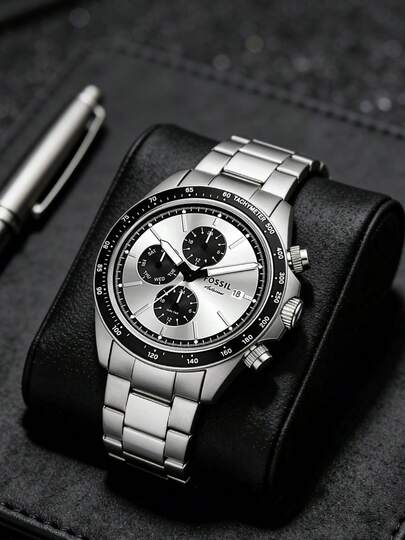 Fossil Autocross BQ2873 男士银色不锈钢黑色表圈多功能手表