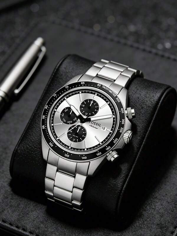 Fossil Autocross BQ2873 男士银色不锈钢黑色表圈多功能手表