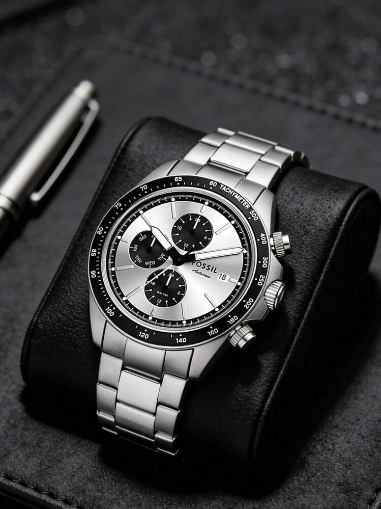 Fossil Autocross BQ2873 男士银色不锈钢黑色表圈多功能手表 - 銀色 - 查看 1
