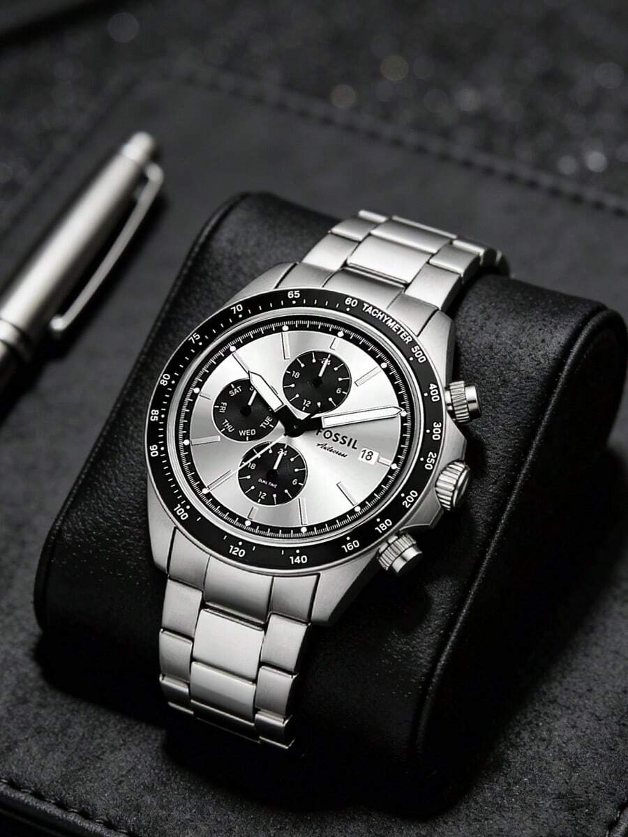 Fossil Autocross BQ2873 男士银色不锈钢黑色表圈多功能手表 - 銀色 - 查看 1