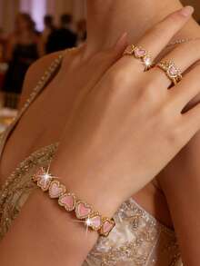 2pcs/1set Fantasy Series Heart Cute Bracelet & Ring Set, Creative Zirconia Women's Bracelet, Daily Commute, Mother's Day, Graduation, Copper Jewelry Ring - Pink - View 9