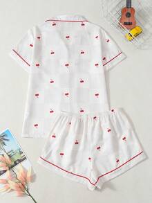 Cherry Print Women's Bubble Crinkle Short Sleeve Shorts Pajama Set - Apricot - View 9