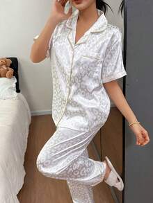 Dreamivo Premium White Leopard Print Short Sleeve & Pants Women Pajama Set - White - View 5