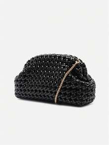 Medium Silver Black Gold Braided Crossbody Bag With Chain - Black - View 3